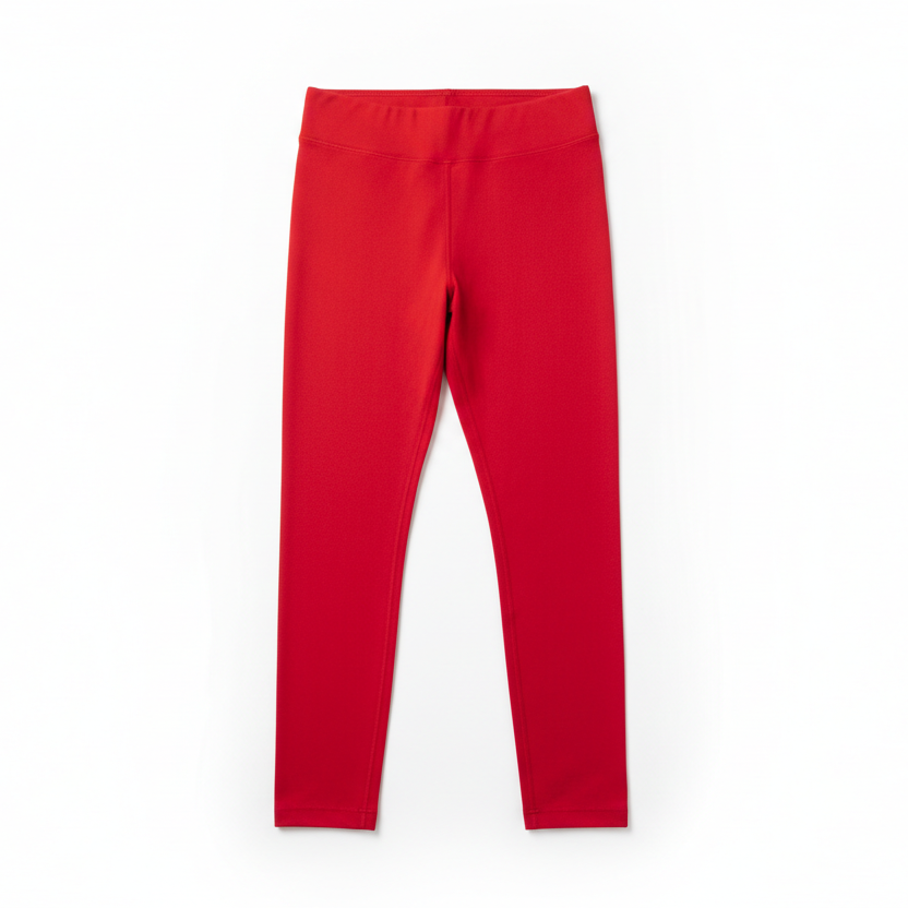 Bright red leggings, laid flat on a white backdrop