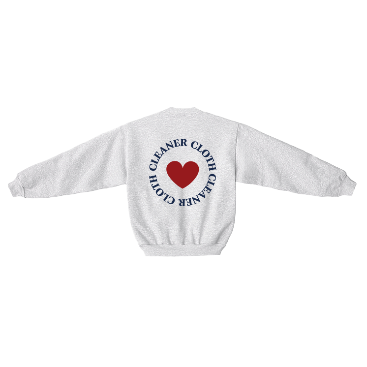 White sweatshirt with a red heart and text on the back against a white background